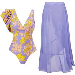 Women's Retro Floral One Piece Swimsuit with Beach Wrap Skirt Cover Up Set